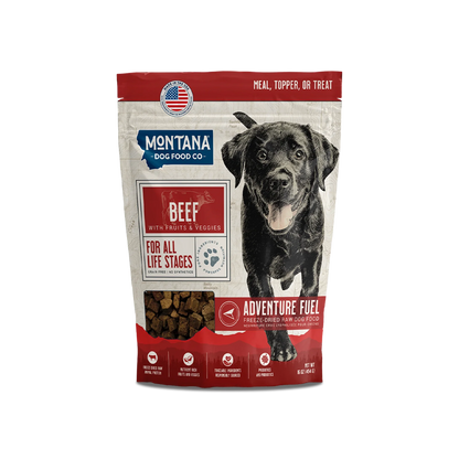 Freeze-dried raw dog food pouch with beef recipe, resealable bag design.