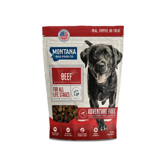 Freeze-dried raw dog food pouch with beef recipe, resealable bag design.