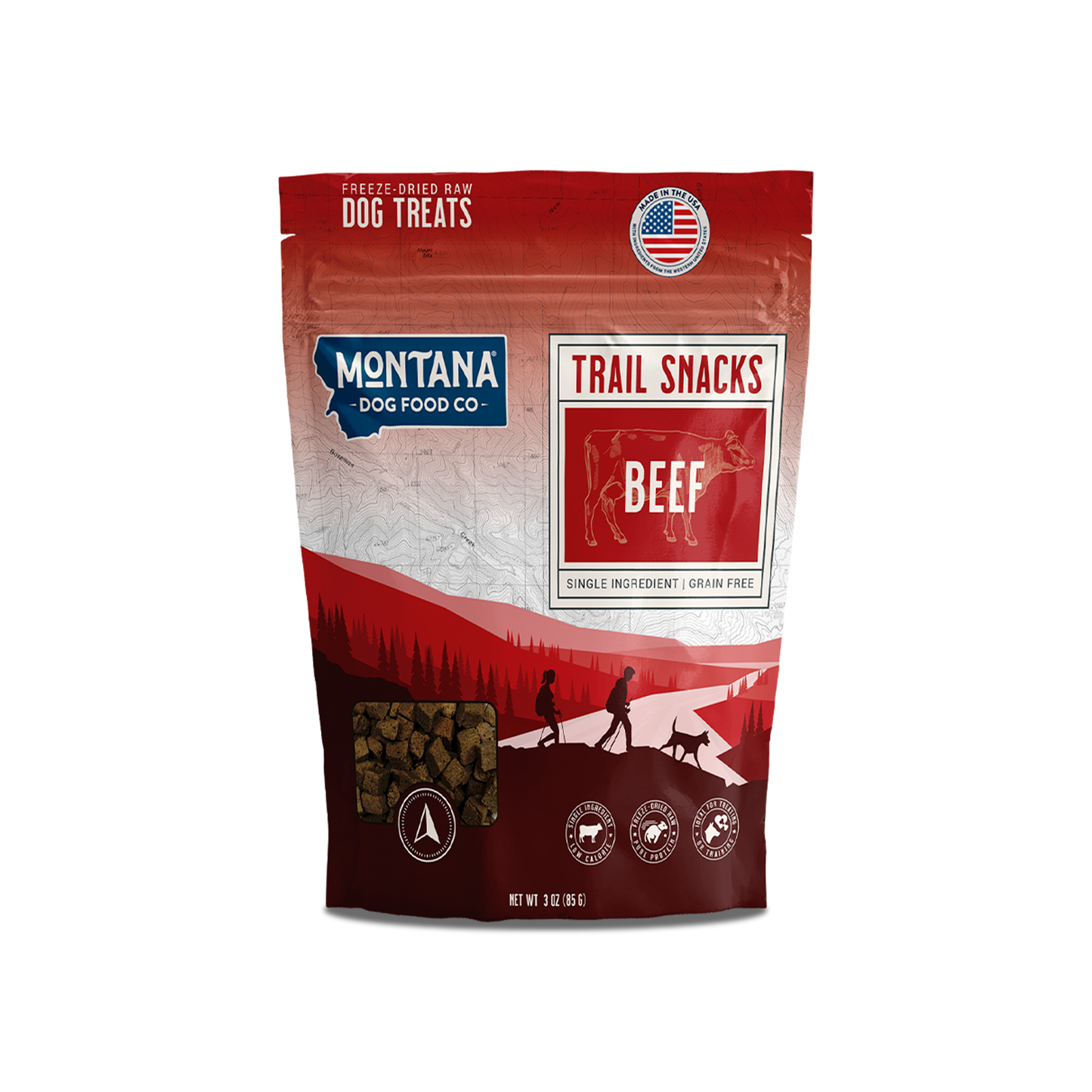 Freeze-dried raw beef heart dog trail snacks pouch, front label with BEEF and TRAIL SNACKS