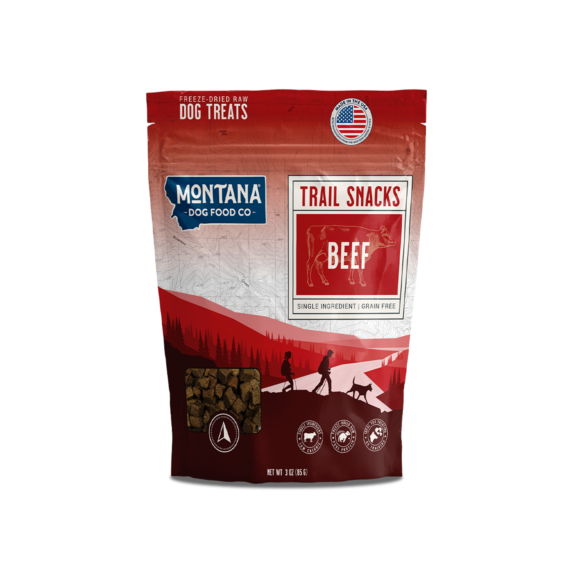 Freeze-dried raw beef heart dog trail snacks pouch, front label with BEEF and TRAIL SNACKS