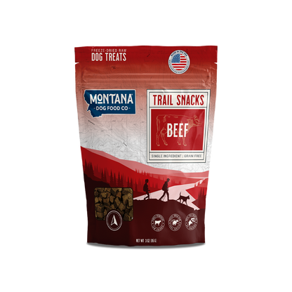 Freeze-dried raw beef heart dog trail snacks pouch, front label with BEEF and TRAIL SNACKS
