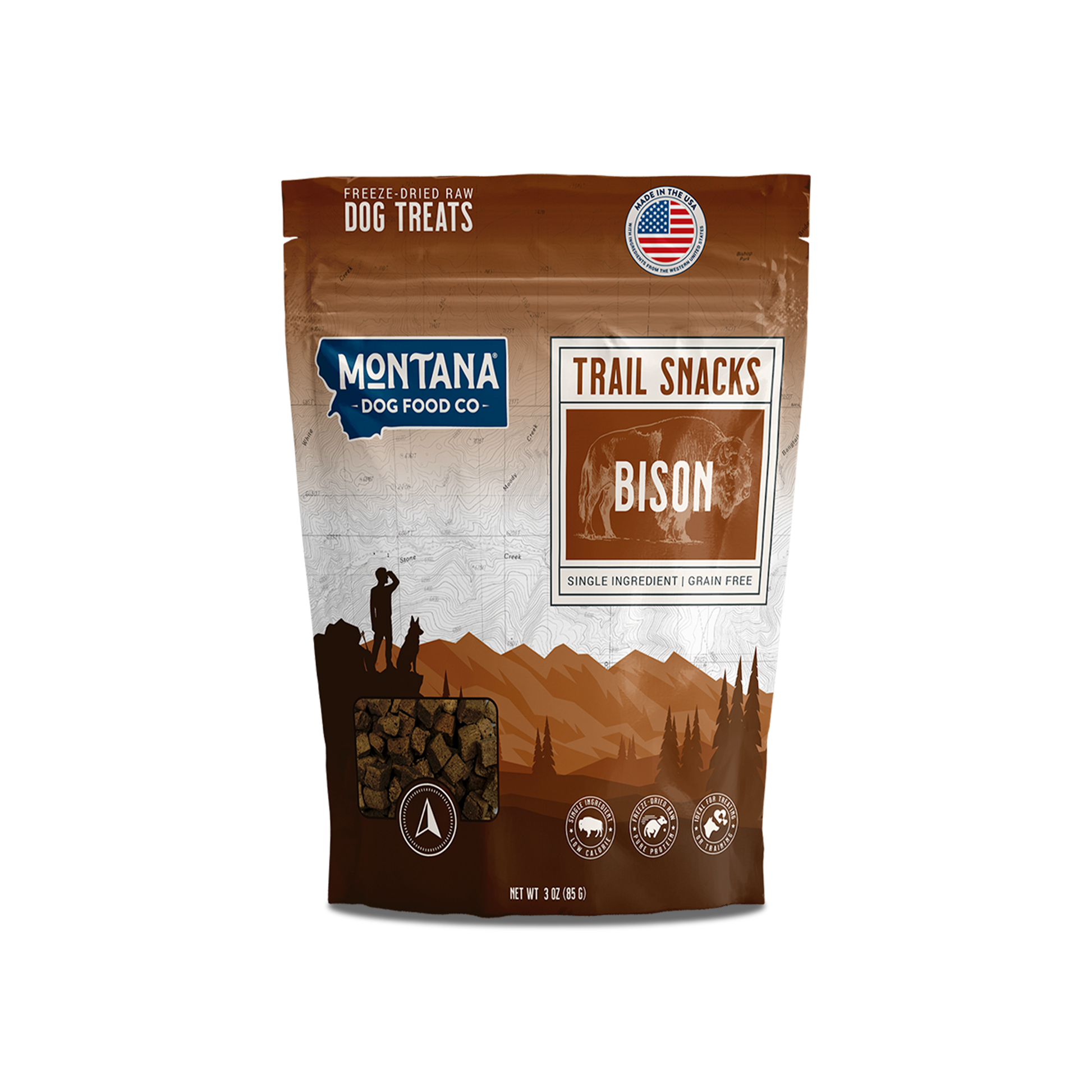 Freeze-dried raw dog treats bag: bison trail snacks, single ingredient, grain-free