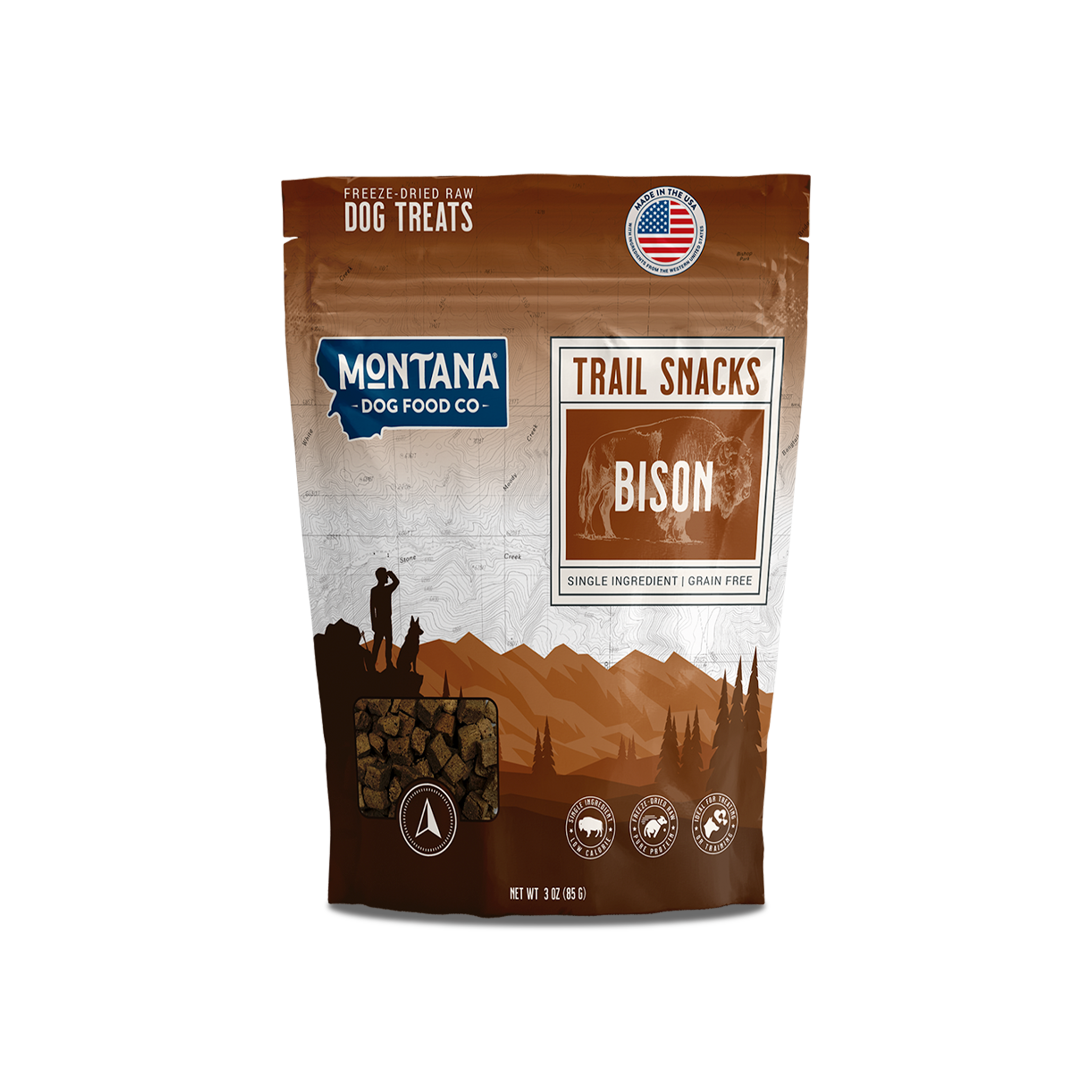 Montana Dog Food Co. freeze-dried raw bison trail snacks for dogs, single ingredient, grain free, made in USA