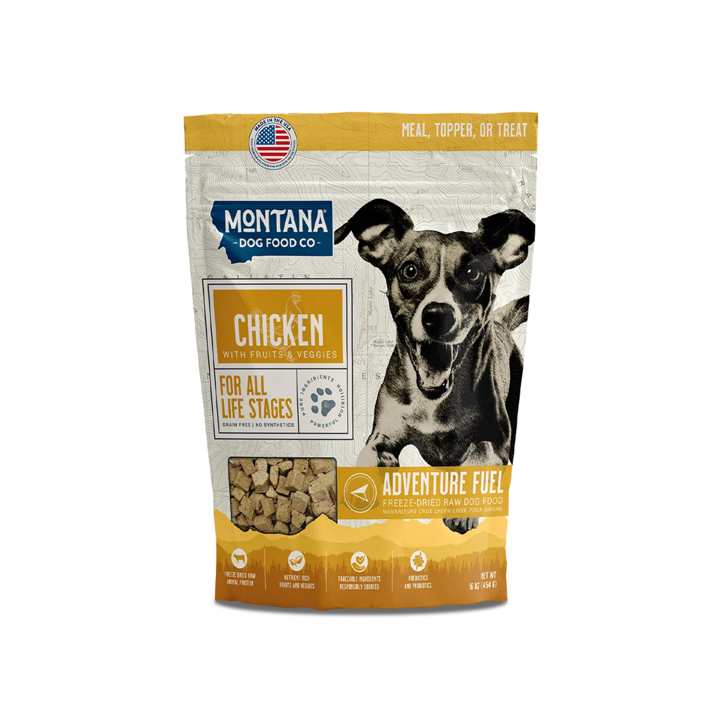 Grain-free chicken freeze-dried dog food bag with Montana branding and kibbles photo