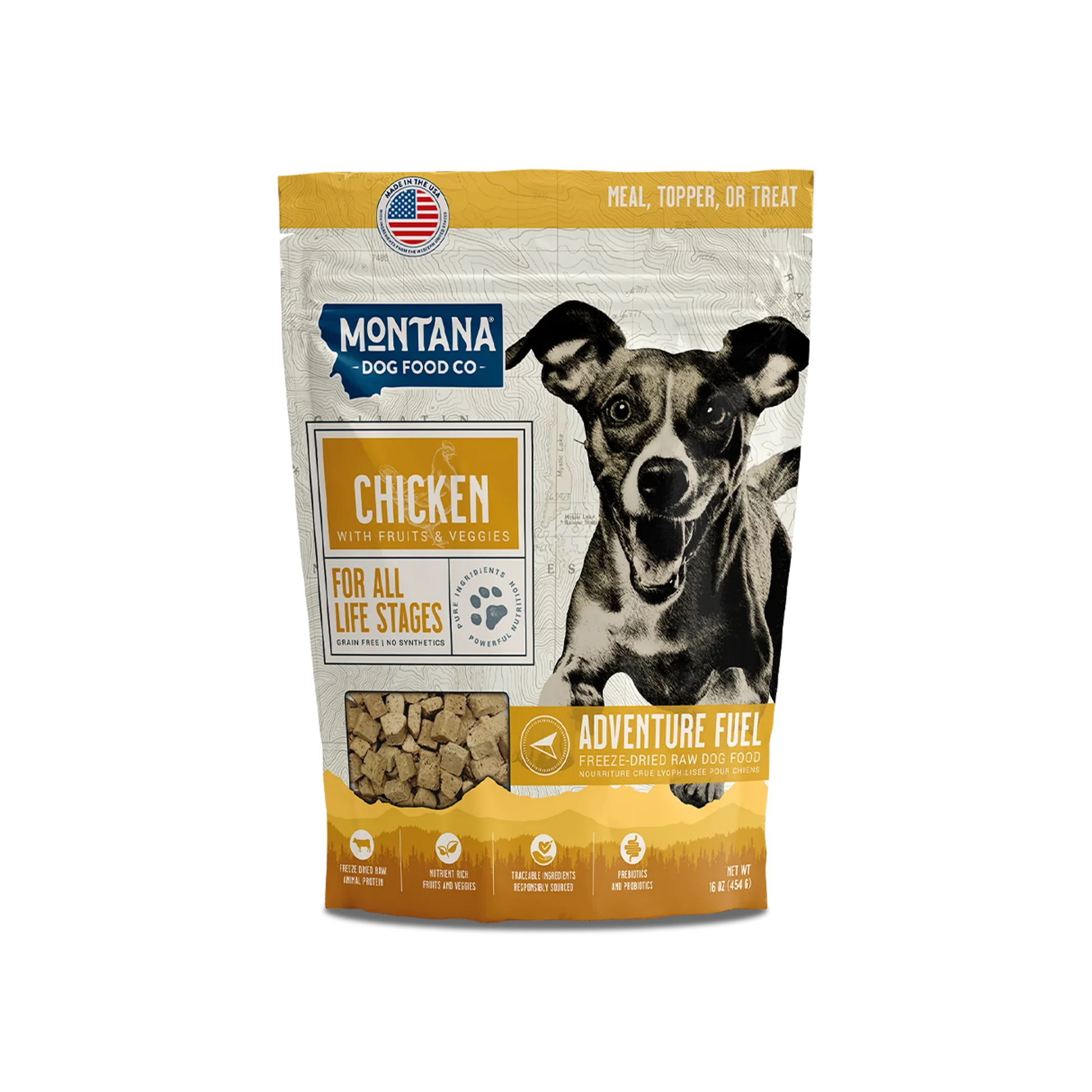 Grain-free chicken freeze-dried dog food bag with Montana branding and kibbles photo