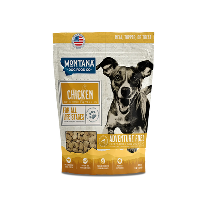 Grain-free chicken freeze-dried dog food bag with Montana branding and kibbles photo