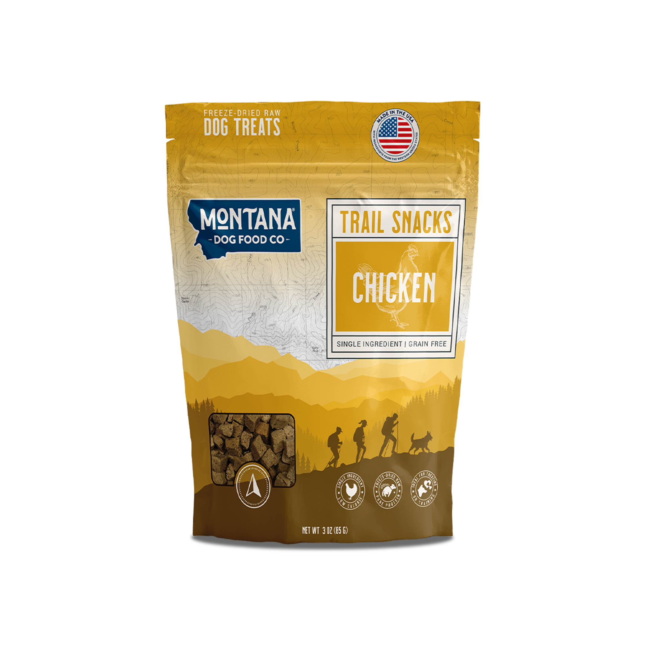Freeze-dried raw chicken dog treats bag, Montana Dog Food Co., 3 oz