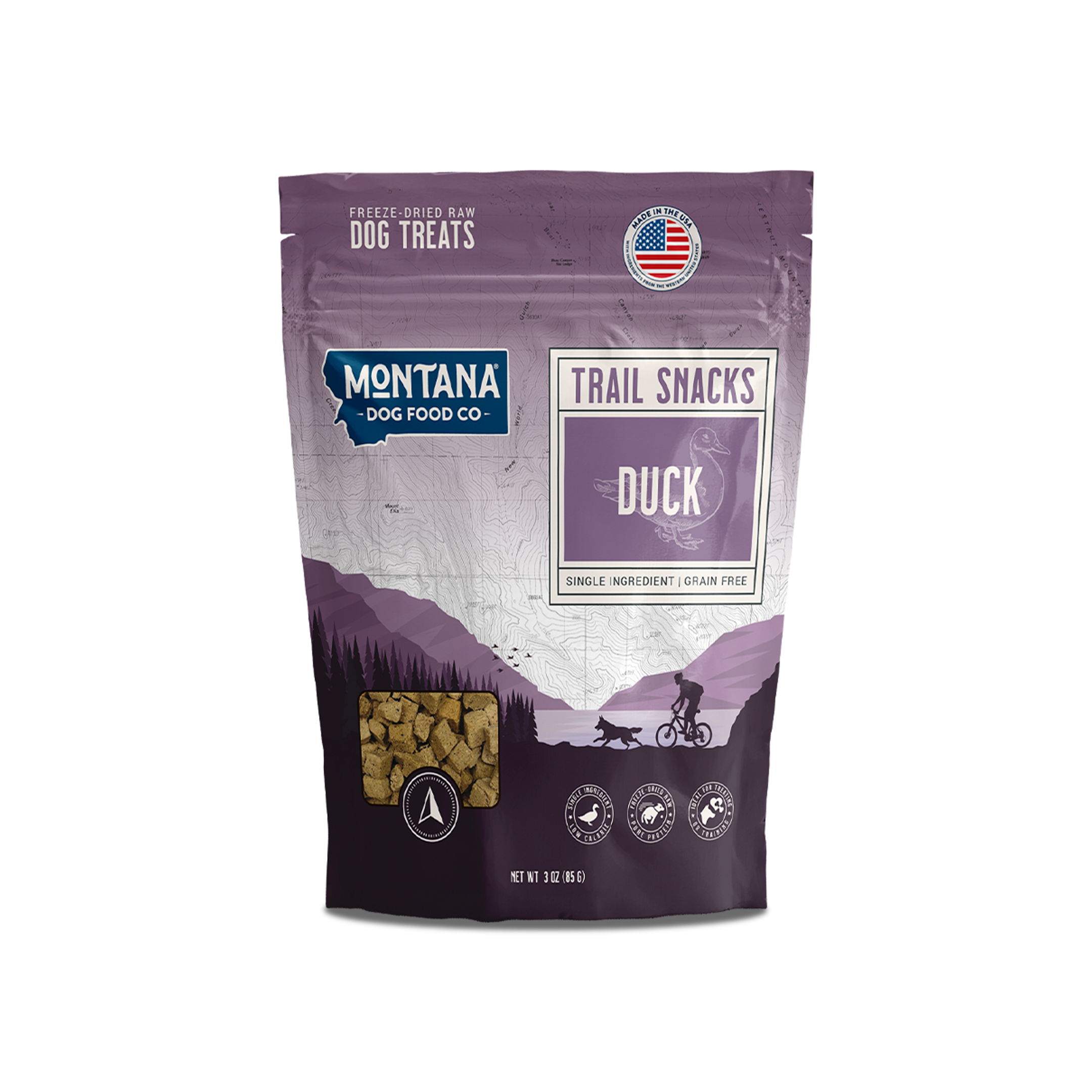 Montana Dog Food Co. freeze-dried raw duck treats, single ingredient, grain-free trail snacks for dogs