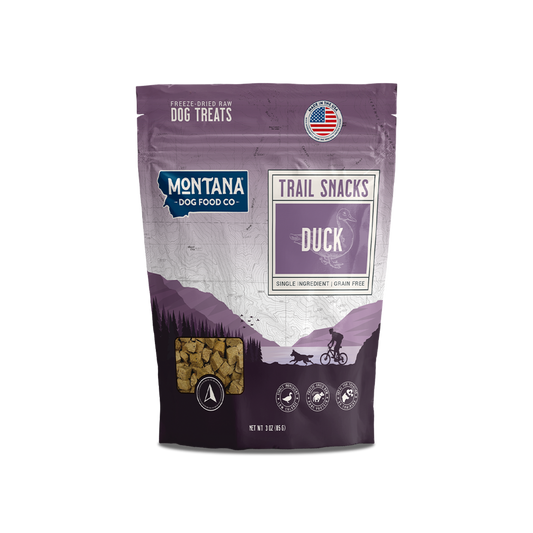 Freeze-dried duck dog treats pouch, grain-free single ingredient, front.