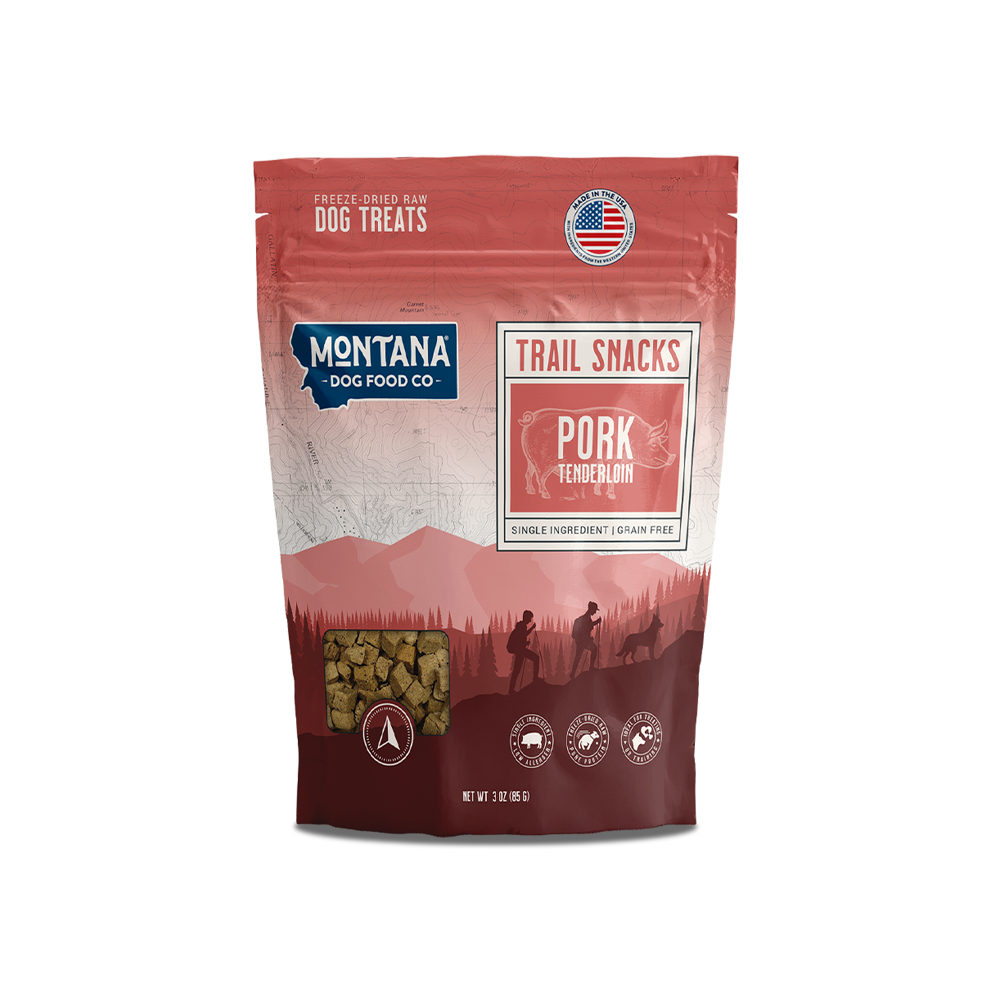 Freeze-dried raw dog treats pouch, pork tenderloin, MONTANA Dog Food Co branding.