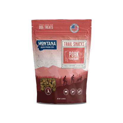 Freeze-dried raw dog treats pouch, pork tenderloin, MONTANA Dog Food Co branding.