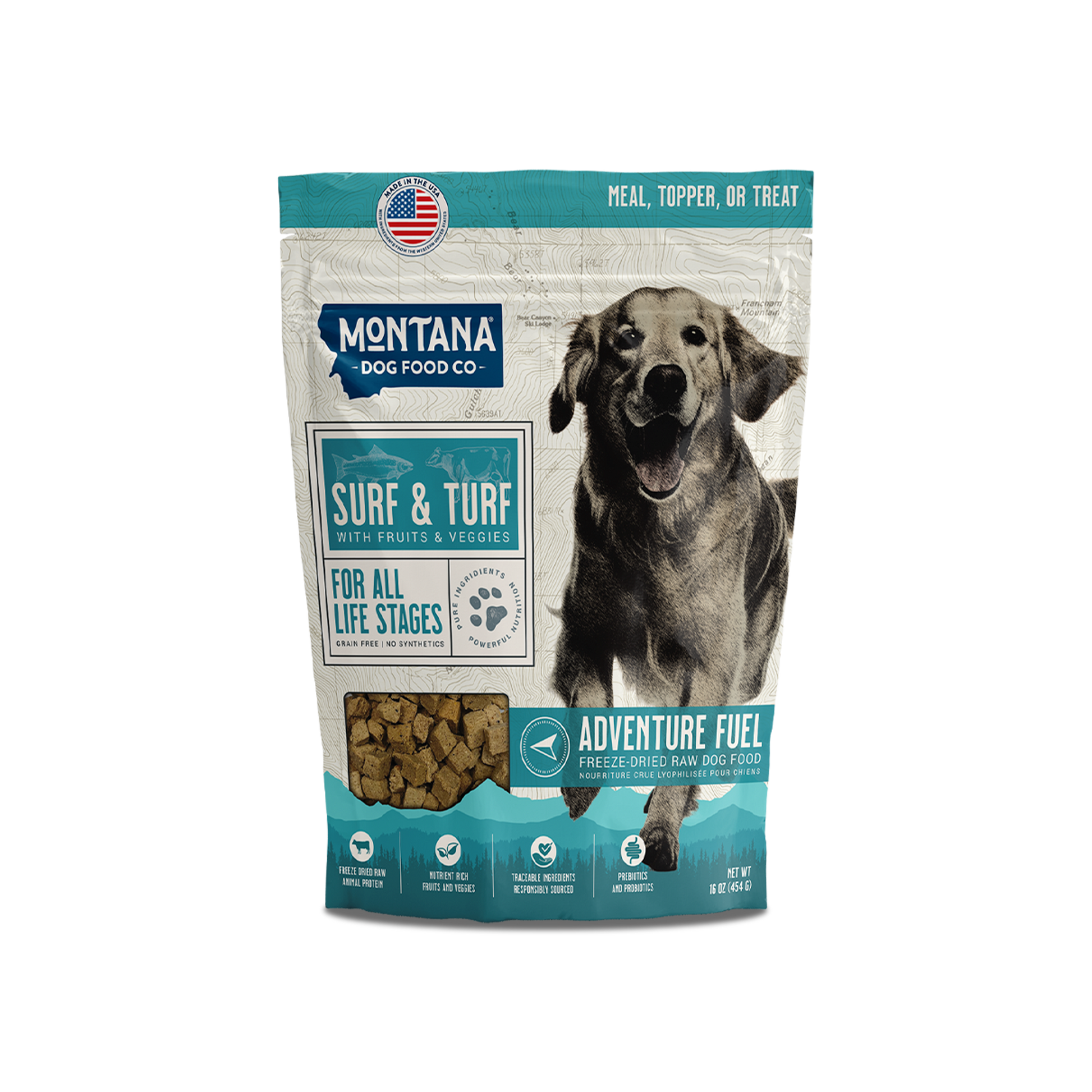 Freeze-dried raw dog food pouch with teal “Sure & Tuf” label and dog photo