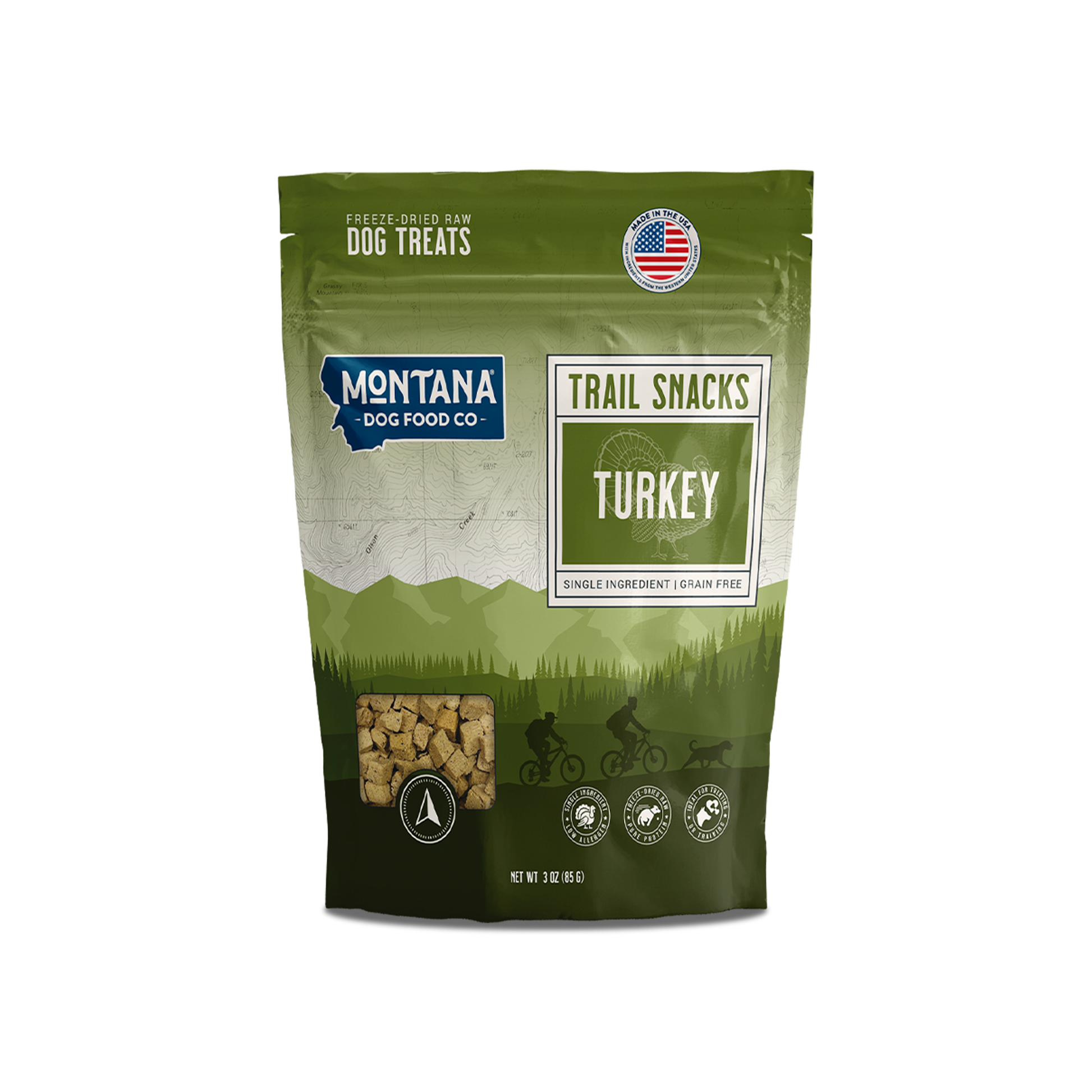 Freeze-dried raw turkey dog treat bag, Montana Dog Food Co, single-ingredient.