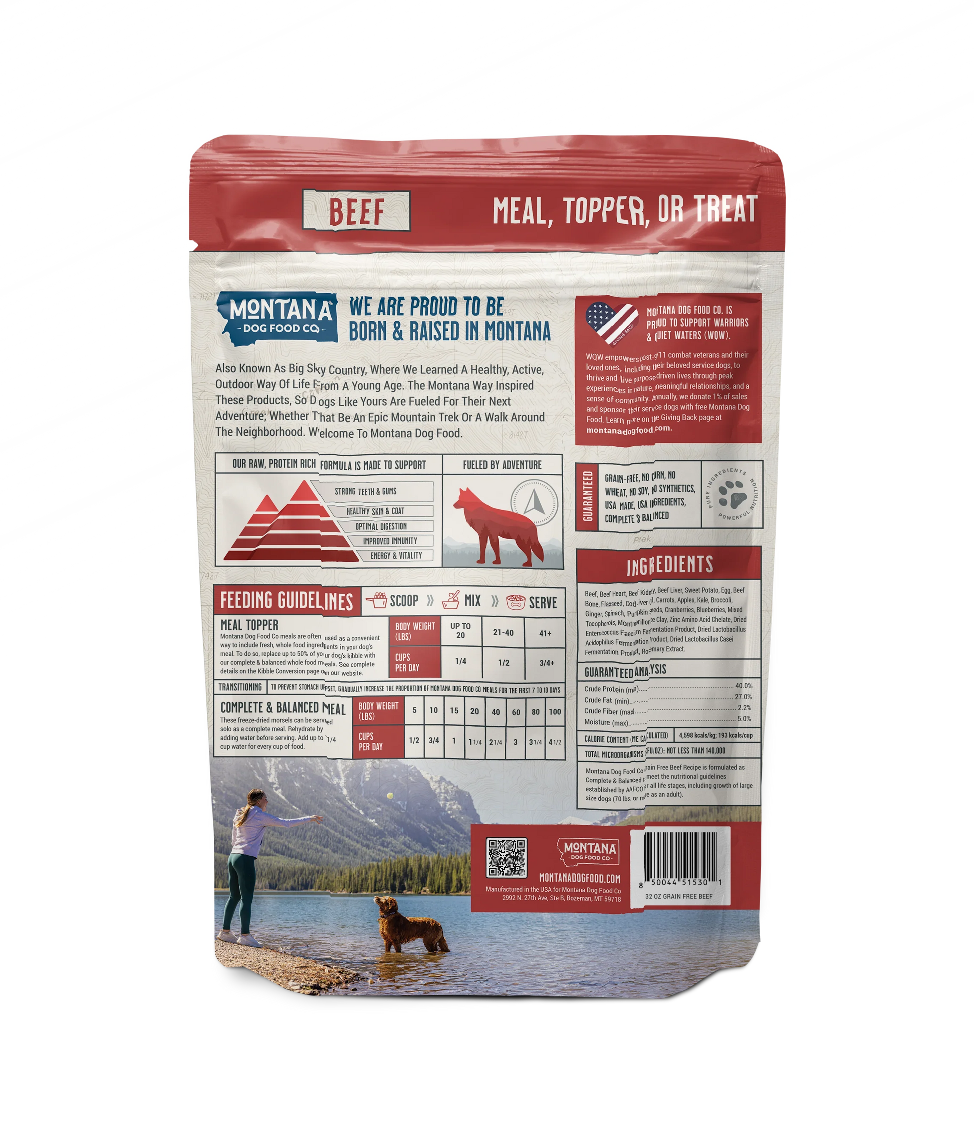 Back of freeze-dried beef dog food bag with ingredients and feeding details.