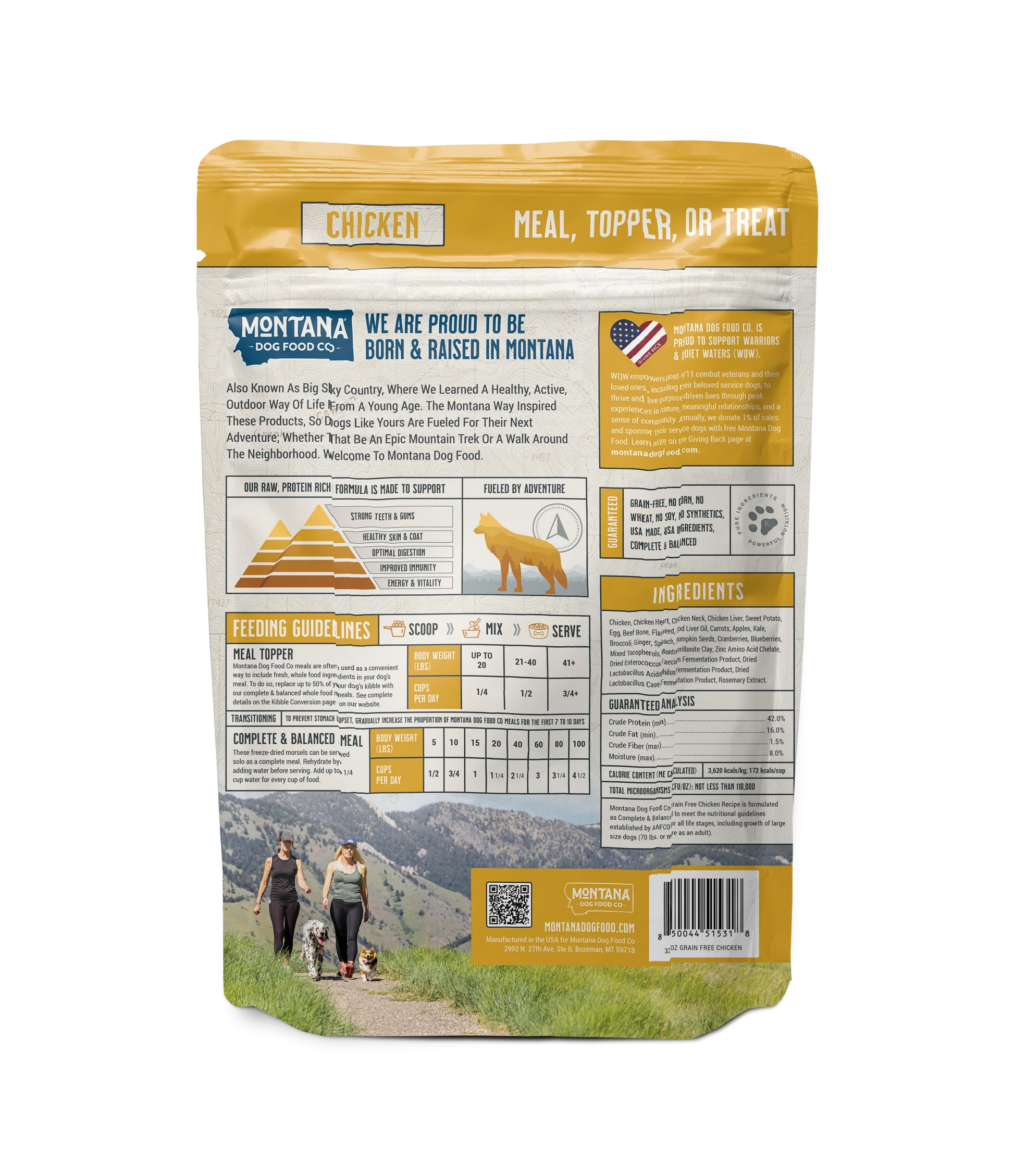 Montana dog food bag back panel with ingredients and feeding guidelines table