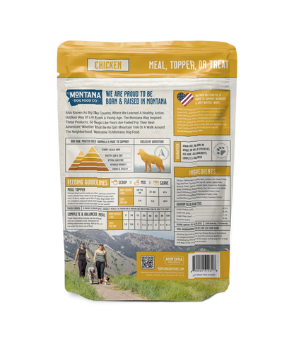 Montana dog food bag back panel with ingredients and feeding guidelines table