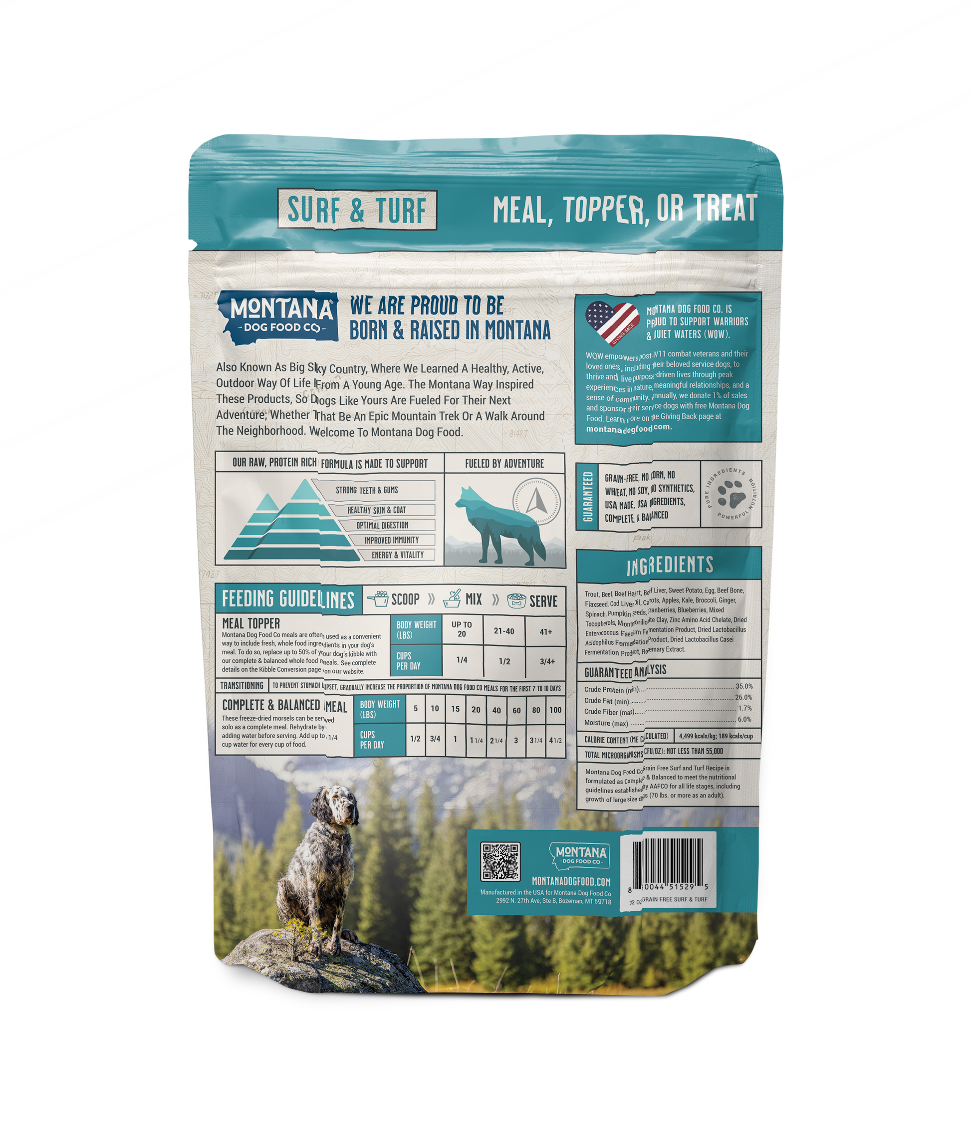 Freeze-dried raw dog food pouch back panel with ingredients and feeding guidelines