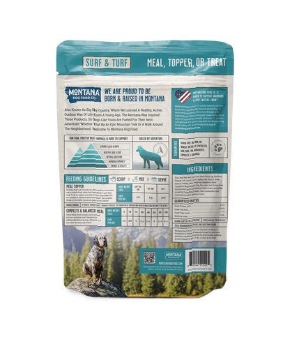 Freeze-dried raw dog food pouch back panel with ingredients and feeding guidelines