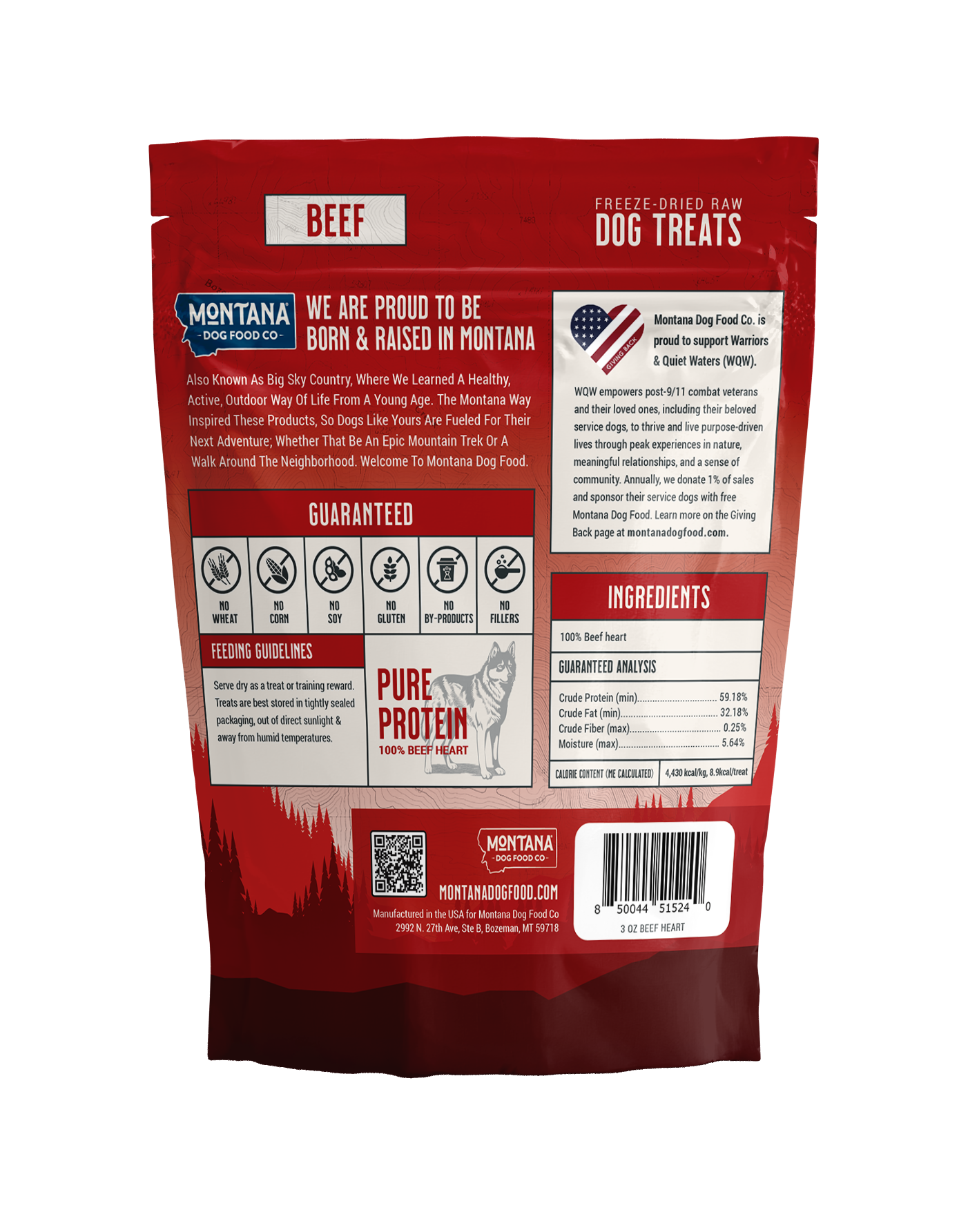Freeze-dried raw beef heart dog treats pouch back with ingredients and guaranteed icons