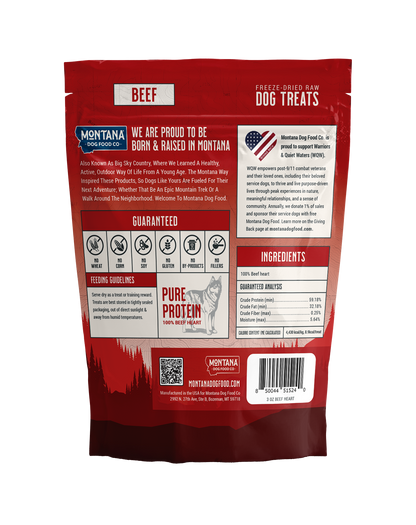 Freeze-dried raw beef heart dog treats pouch back with ingredients and guaranteed icons