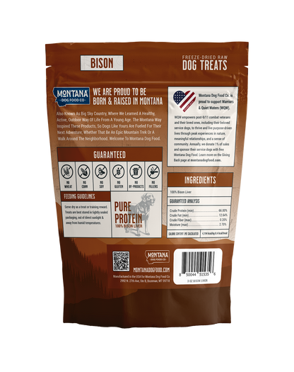 Freeze-dried raw dog treats bag back with ingredients list and feeding guidelines