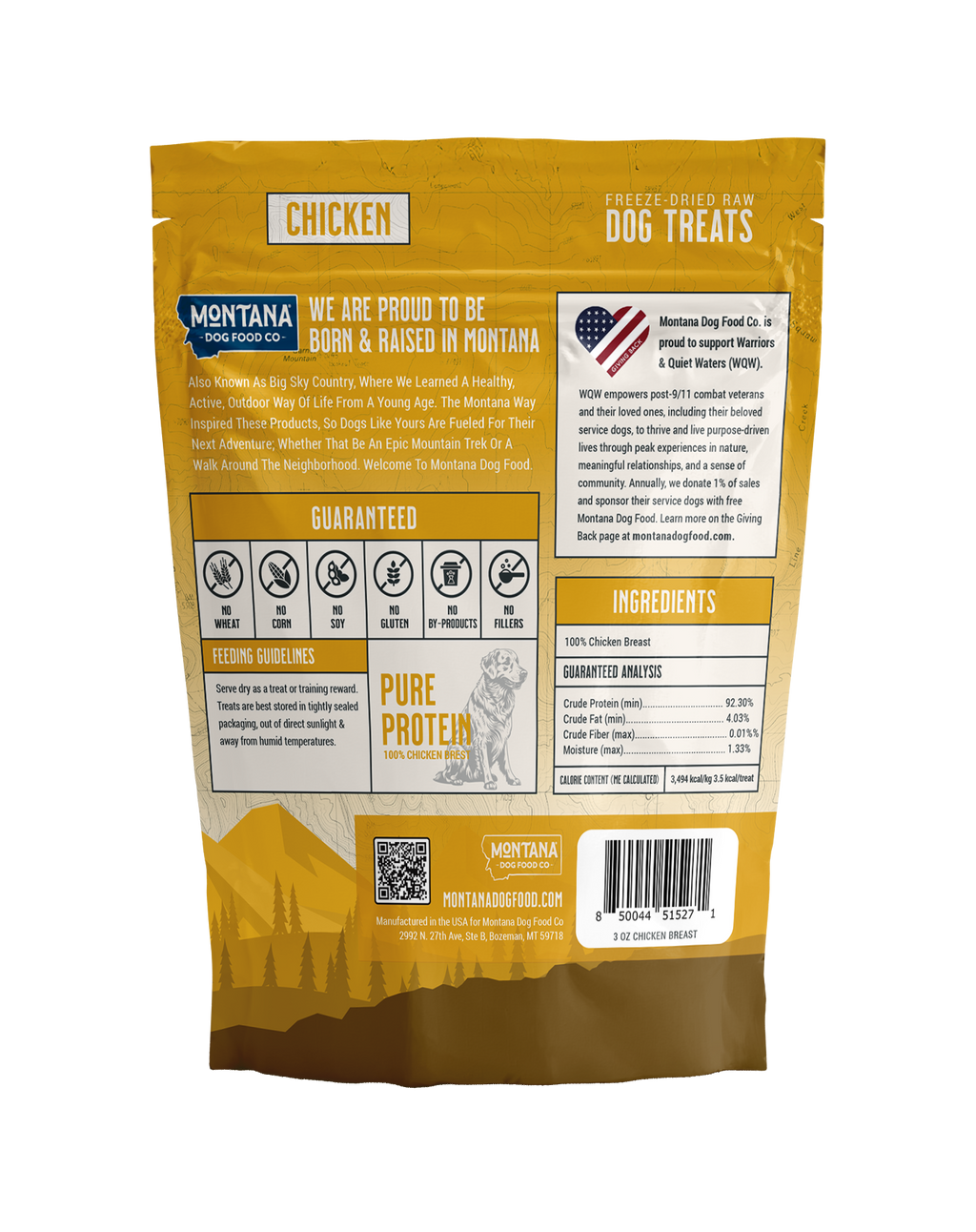 Freeze-dried chicken dog treats bag back panel with ingredients and guarantees