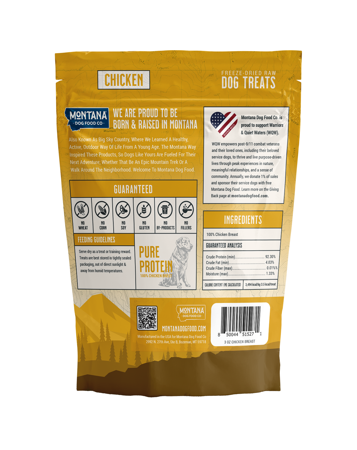 Freeze-dried chicken dog treats bag back panel with ingredients and guarantees