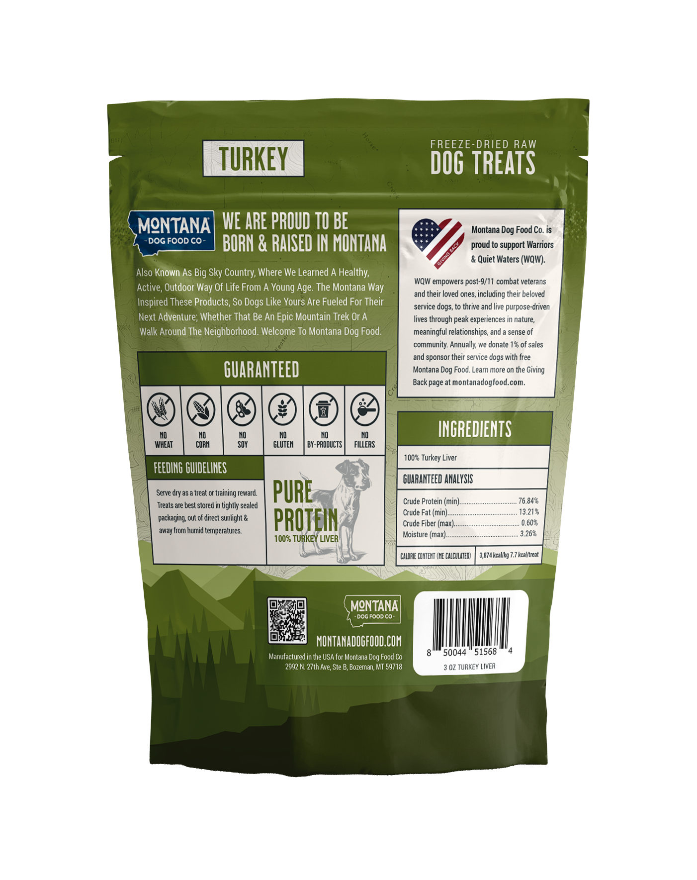 Freeze-dried raw turkey dog treats bag with ingredients and feeding guide details.
