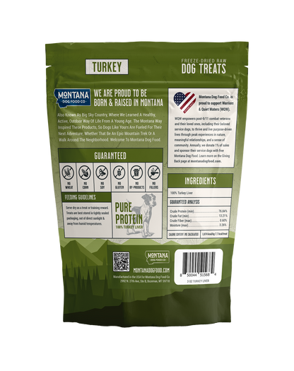 Freeze-dried raw turkey dog treats bag with ingredients and feeding guide details.
