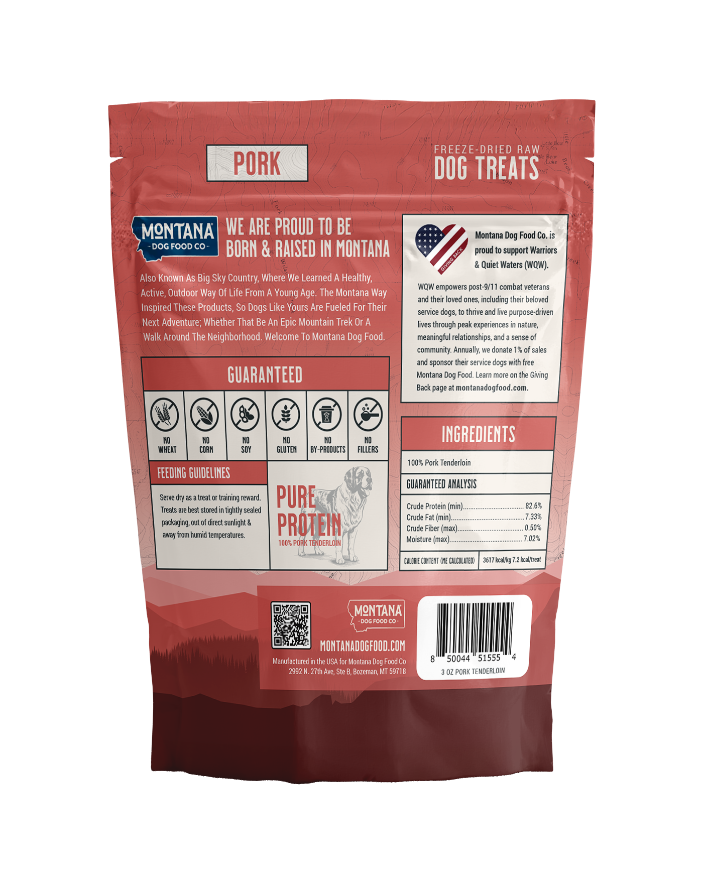 Back of freeze-dried raw dog treats pouch with pork ingredients and feeding guidelines.