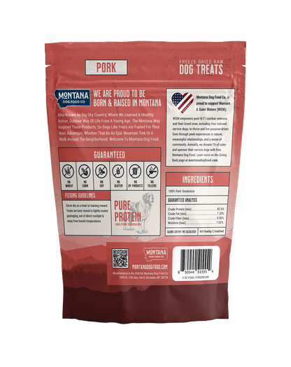 Back of freeze-dried raw dog treats pouch with pork ingredients and feeding guidelines.