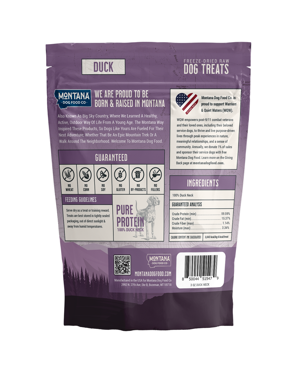 Montana Dog Food Co. freeze-dried raw duck neck treats for dogs, pure protein, no wheat, corn, soy, gluten, or fillers