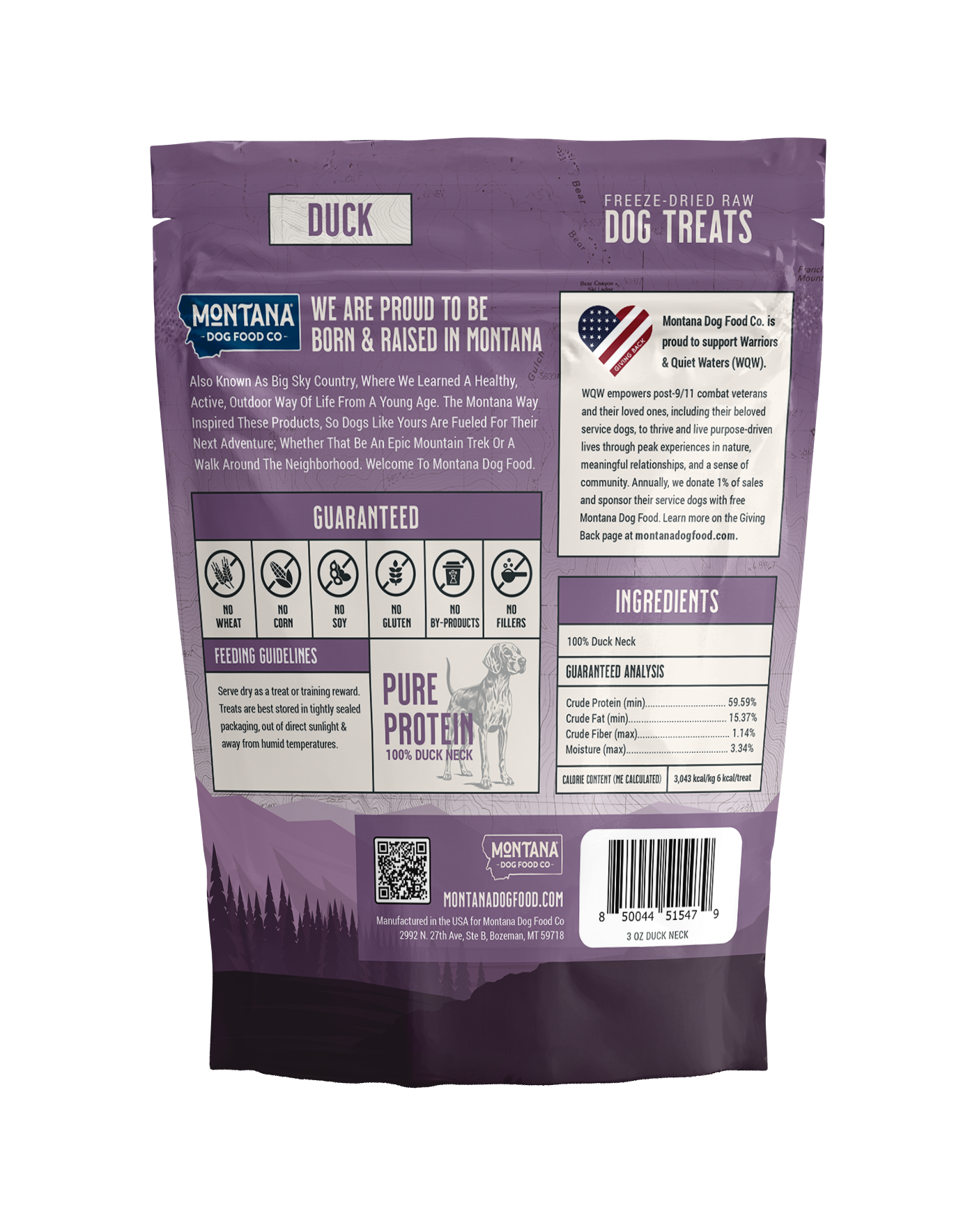 Freeze-dried duck dog treats pouch, back panel with ingredients and nutrition info.