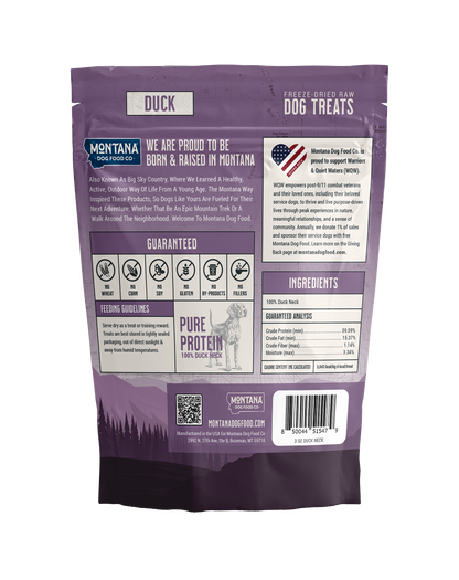 Freeze-dried duck dog treats pouch, back panel with ingredients and nutrition info.