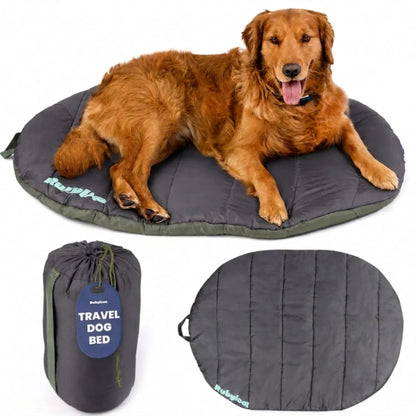 Travel dog bed with dark gray quilted round mat and matching compact carry bag