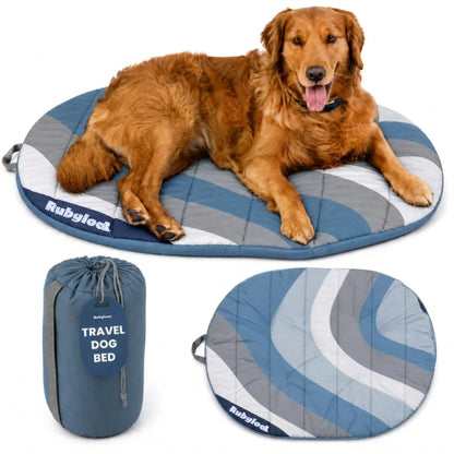 Travel dog bed with blue and white striped round mat and matching compact carry bag