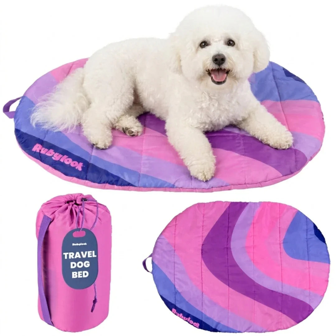 Foldable travel dog bed with pink, purple, and blue striped cushion and carry bag