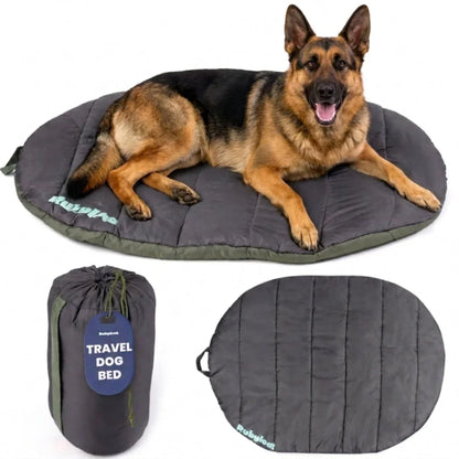 Travel dog bed with dark gray quilted round mat and matching compact carry bag