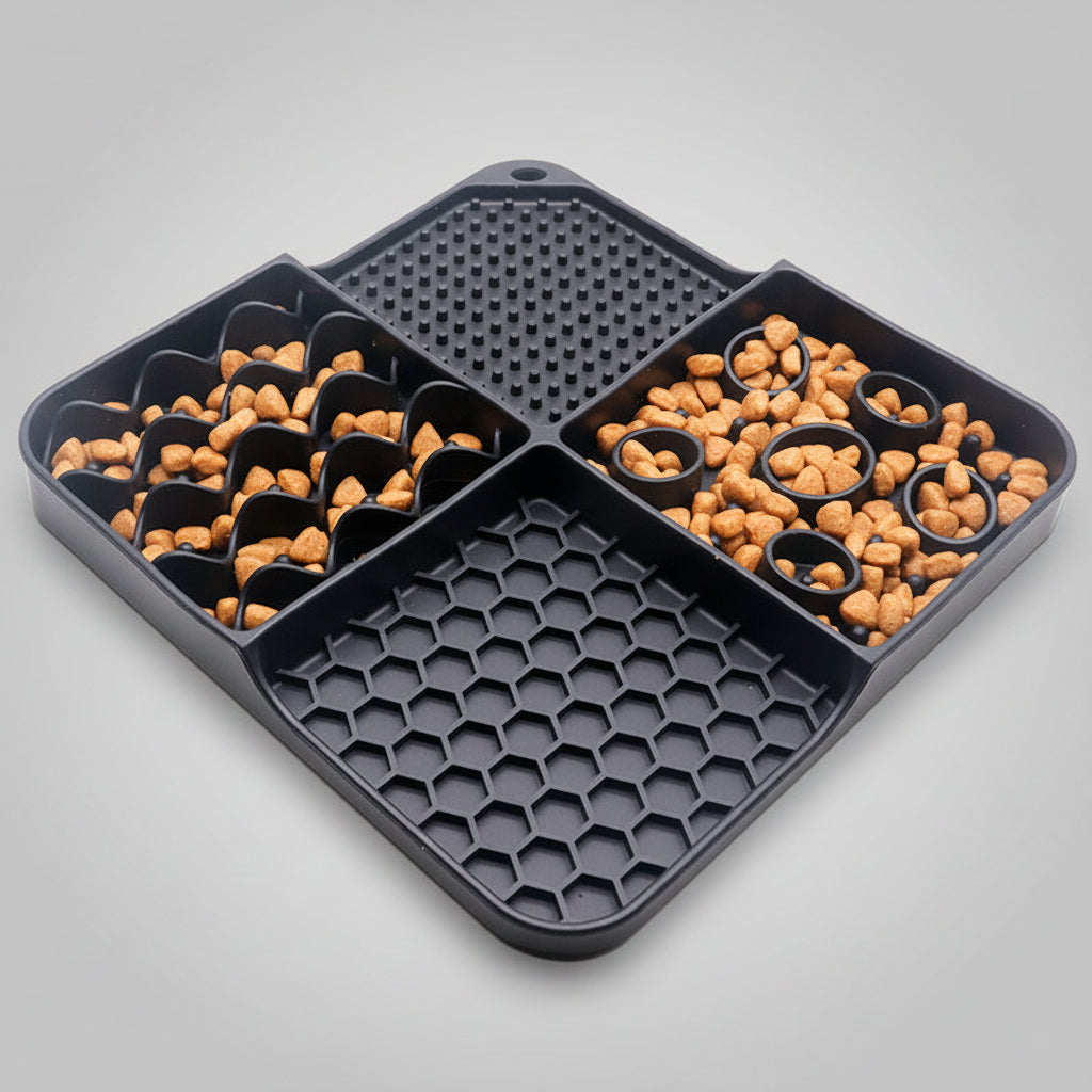 Black silicone slow feeder lick mat with textured dots, honeycomb, and circle pattern