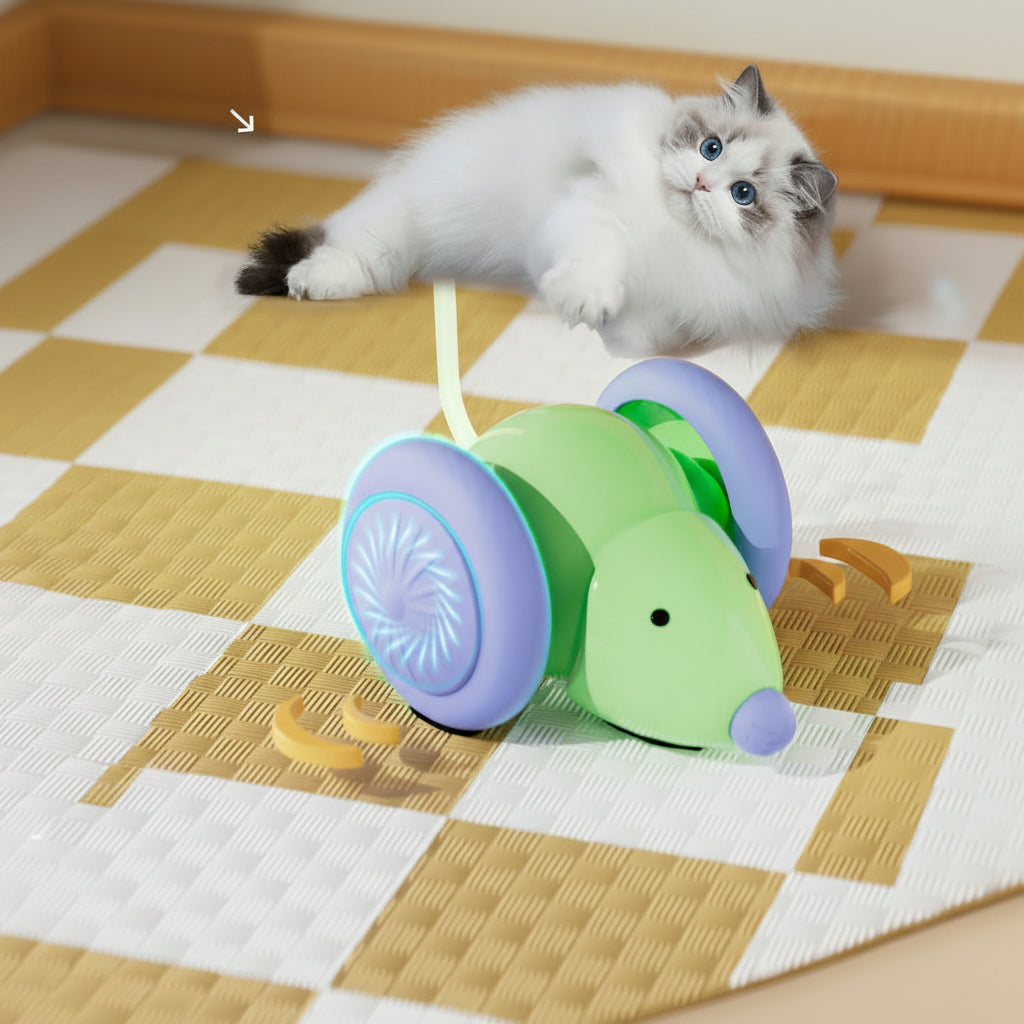 Green cat LED mouse toy with purple wheels and glowing light wand