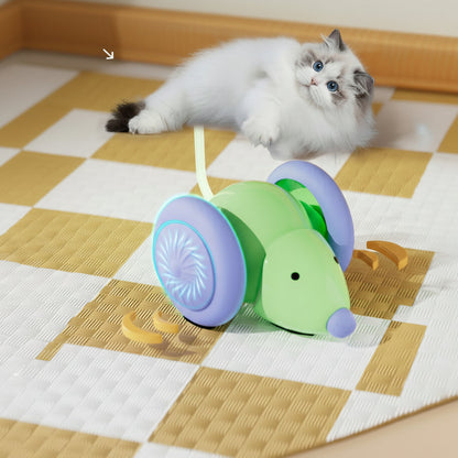 Green cat LED mouse toy with purple wheels and glowing light wand