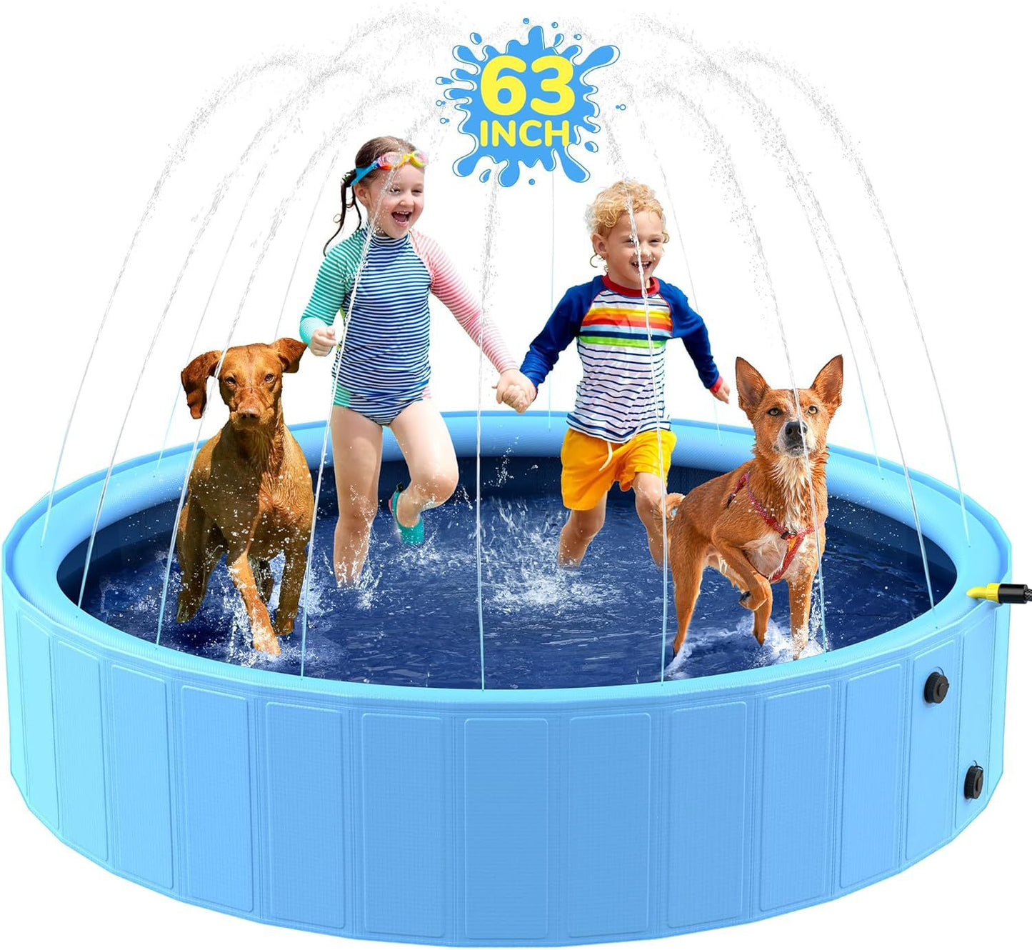 Lake Blue 63-inch portable splash pool with two kids and two dogs splashing