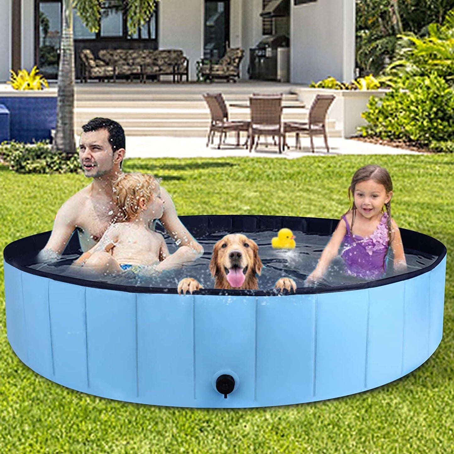 Lake Blue round splash pool with two children and a dog in the water
