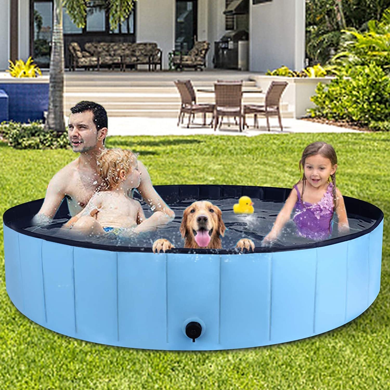 Lake Blue round splash pool with two children and a dog in the water