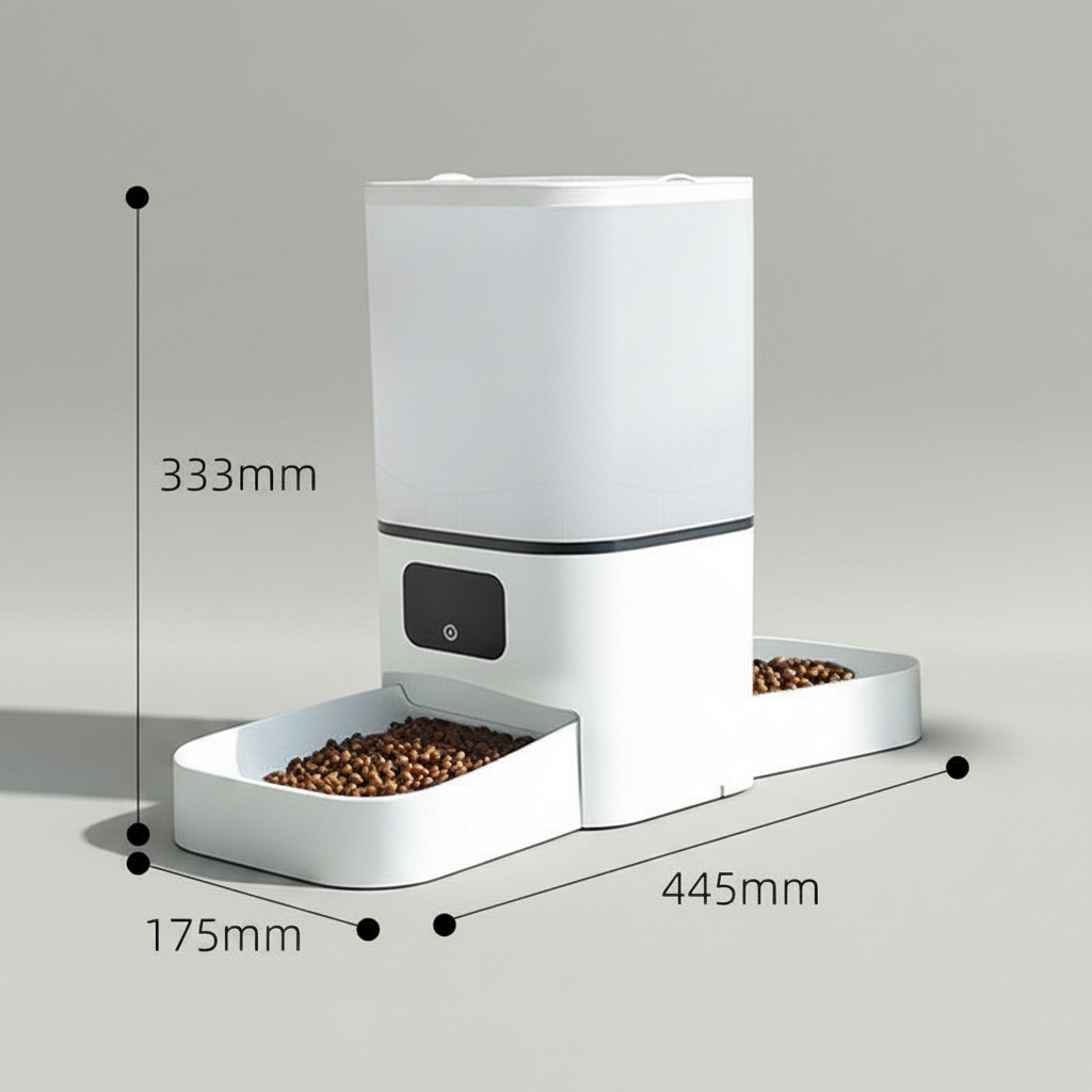 White smart pet feeder with frosted hopper and front feeding tray with kibble