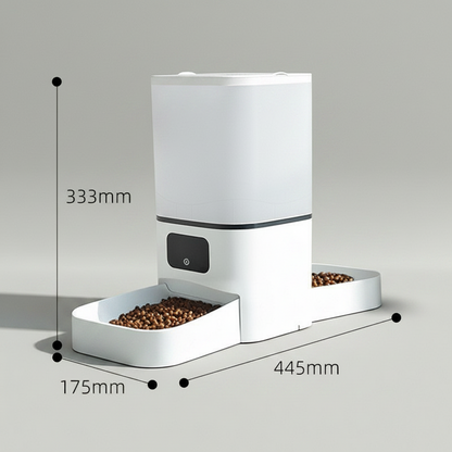 White smart pet feeder with frosted hopper and front feeding tray with kibble