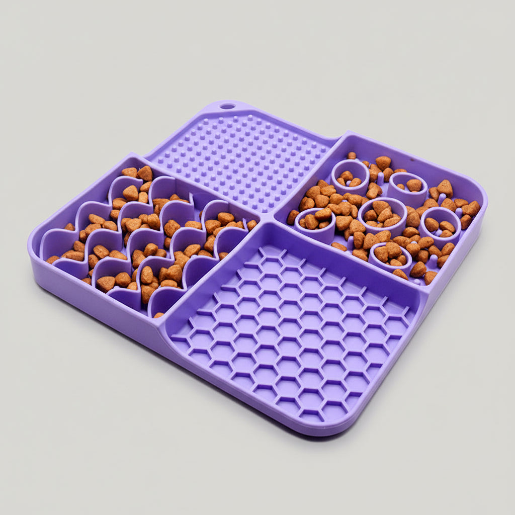 Purple silicone slow feeder lick mat with raised suction-cup and hexagon sections