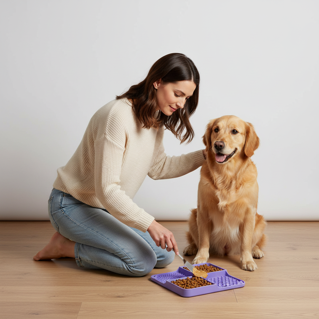 Purple silicone slow feeder lick mat used by a golden retriever