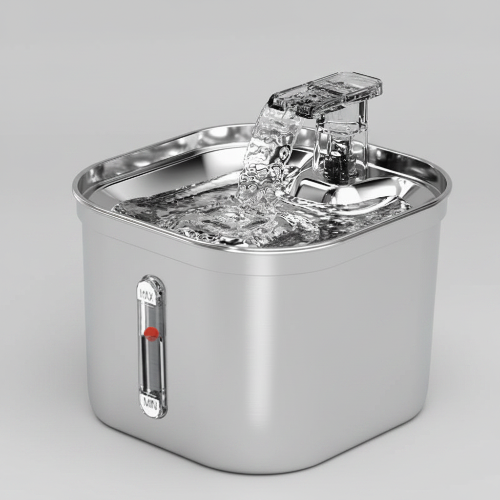 Stainless steel pet water fountain with recirculating water stream and pump top