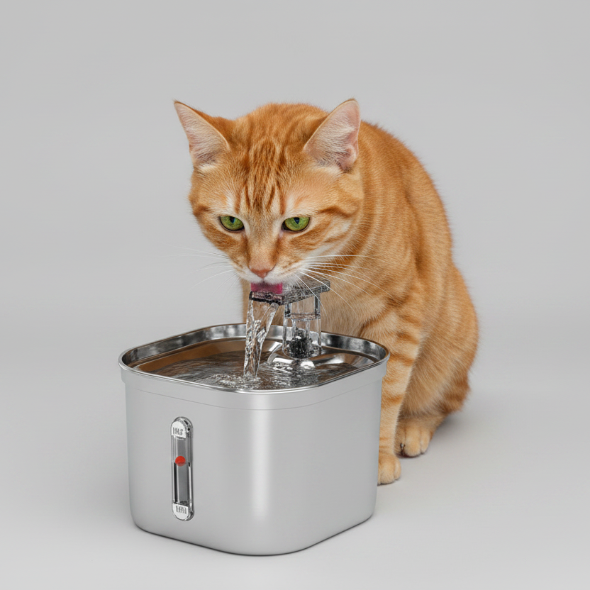 Orange cat drinking from a stainless steel recirculating pet water fountain